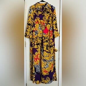 New York & Company Purple, Yellow & Black Baroque Print Maxi Dress